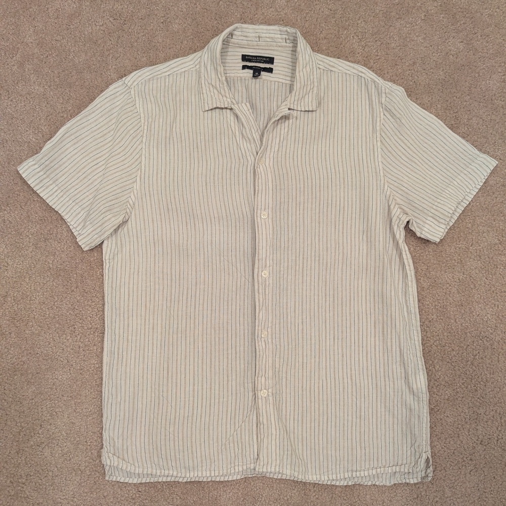 Banana Republic Men's Striped Relaxed Fit Short Sleeve Linen Shirt